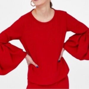 Zara Woman Red Bell Sleeve Blouse | Ruffle Cuff | Medium | Vibrant Red